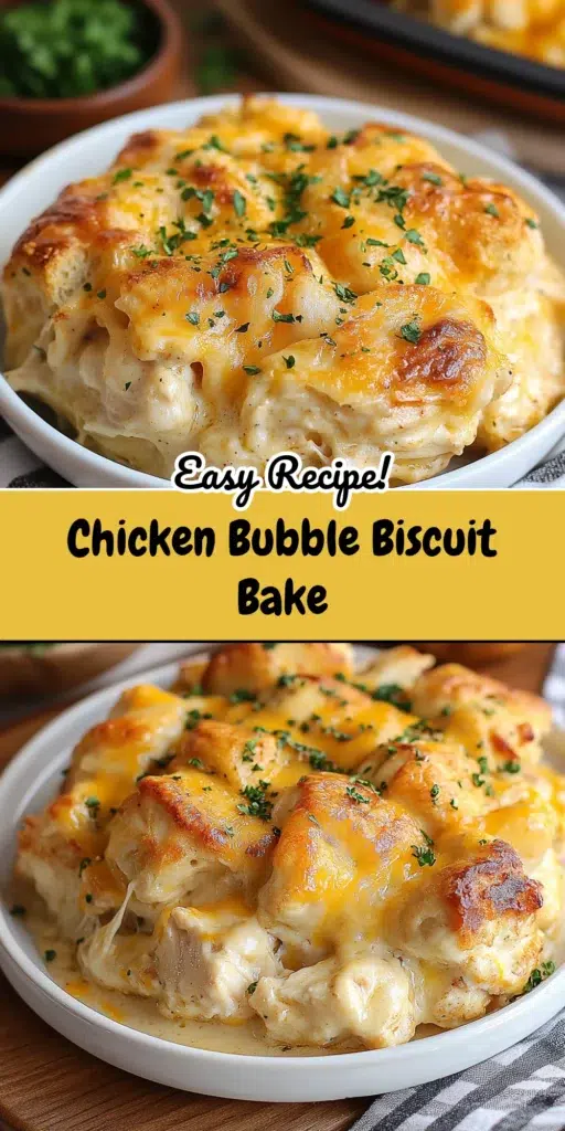 Chicken Bubble Biscuit Bake in casserole dish with golden biscuits and cheese