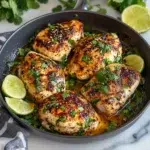 Cilantro Lime Chicken cooked in a skillet with fresh lime and cilantro