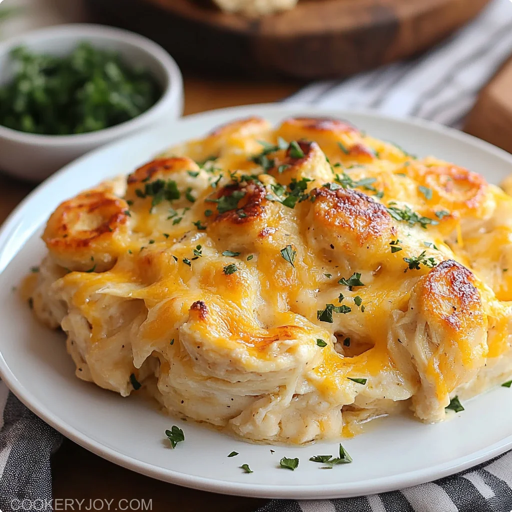 Chicken Bubble Biscuit Bake in casserole dish with golden biscuits and cheese