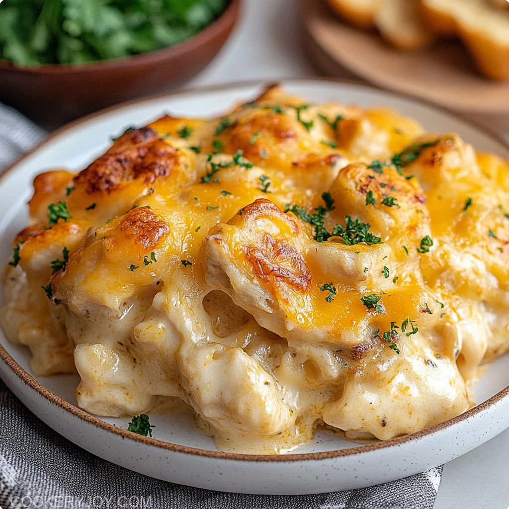 Chicken Bubble Biscuit Bake in casserole dish with golden biscuits and cheese