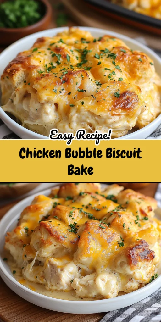 Chicken Bubble Biscuit Bake in casserole dish with golden biscuits and cheese