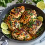 Cilantro Lime Chicken cooked in a skillet with fresh lime and cilantro