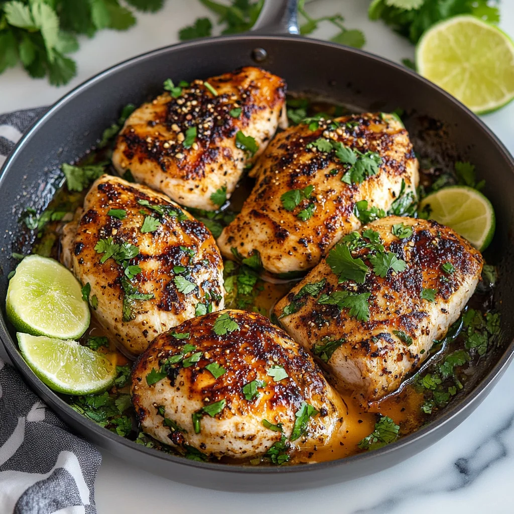 Cilantro Lime Chicken cooked in a skillet with fresh lime and cilantro