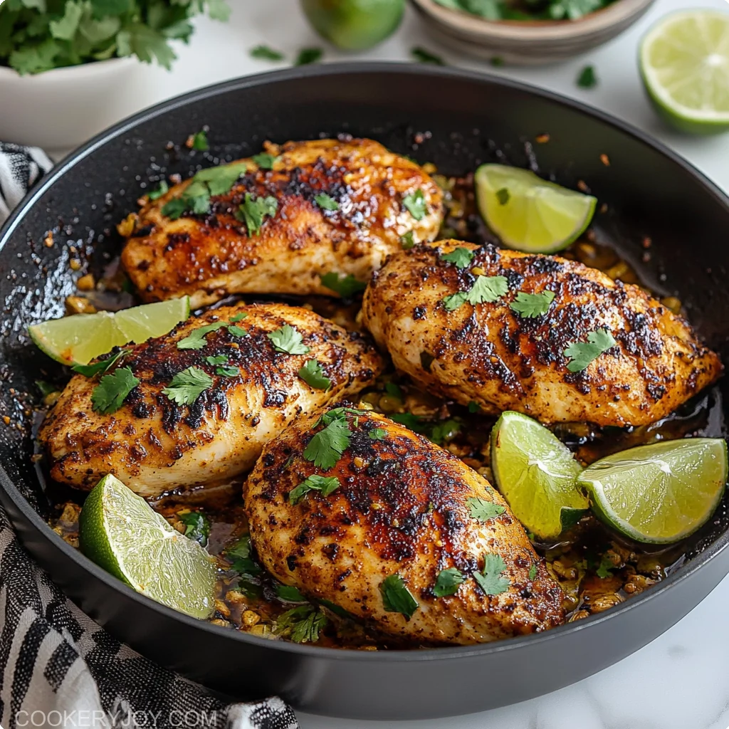 Cilantro Lime Chicken cooked in a skillet with fresh lime and cilantro