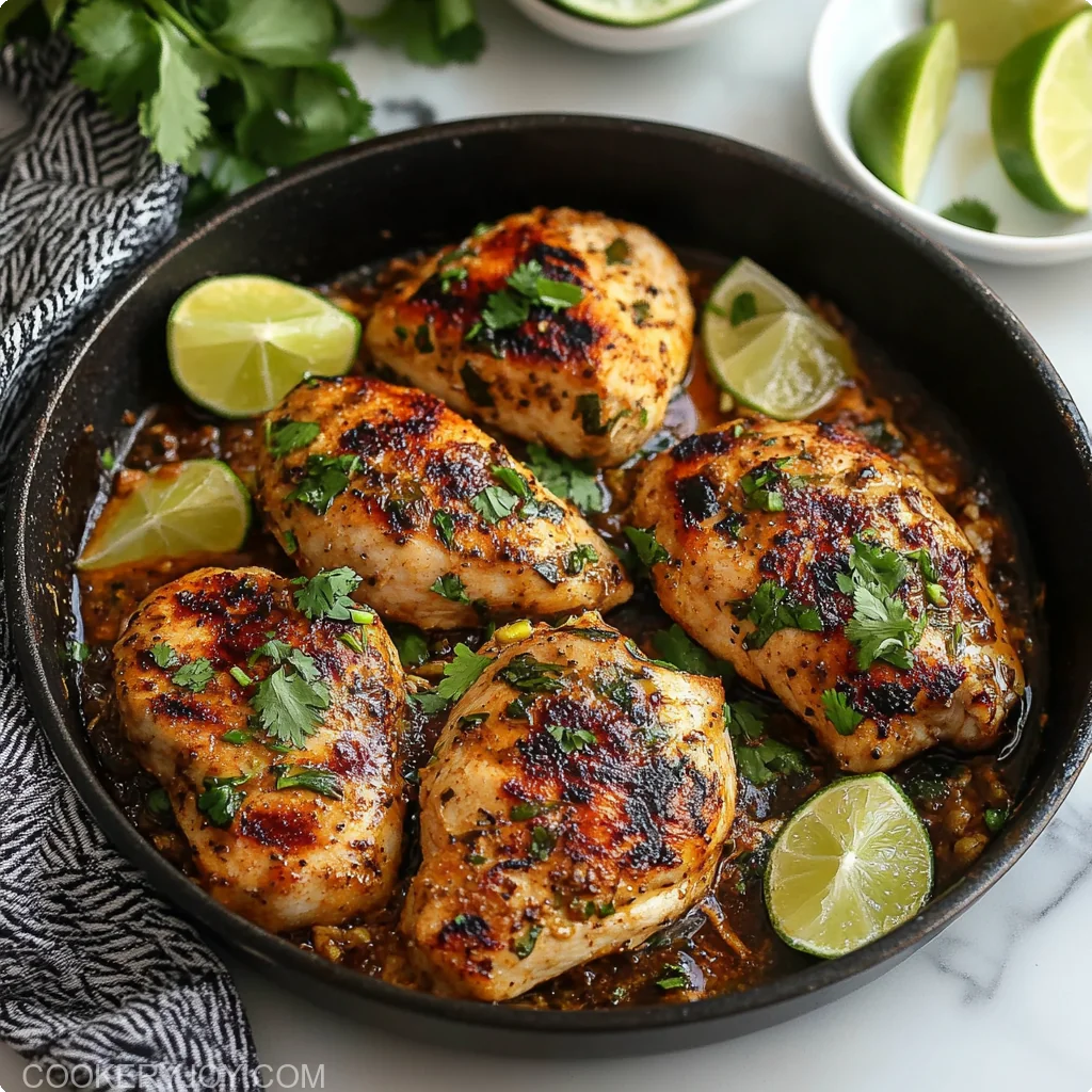 Cilantro Lime Chicken cooked in a skillet with fresh lime and cilantro