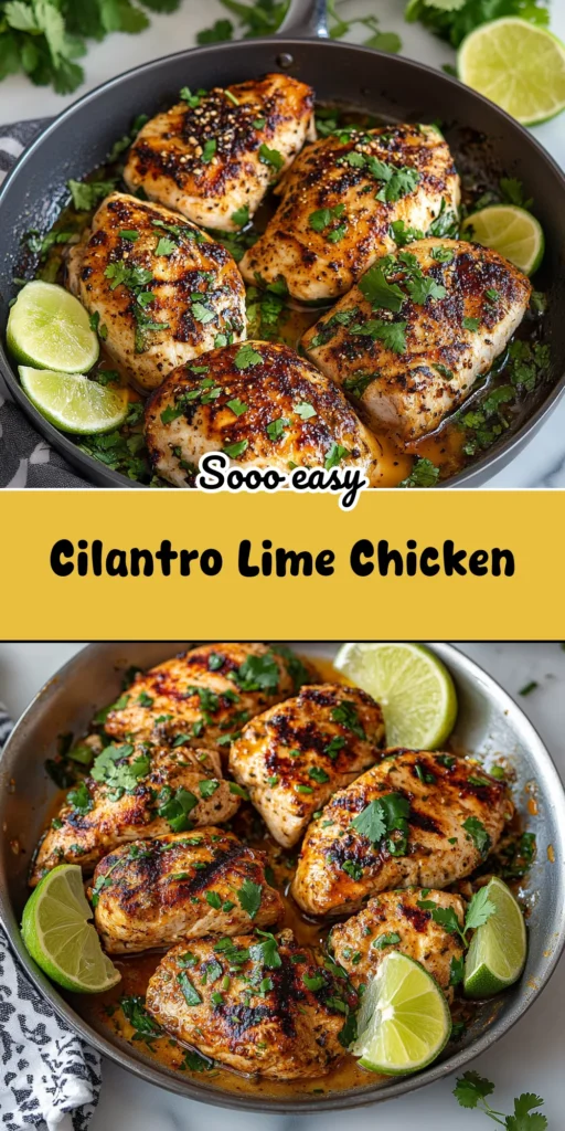 Cilantro Lime Chicken cooked in a skillet with fresh lime and cilantro